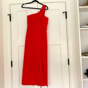Red, one shoulder, high slit dress
